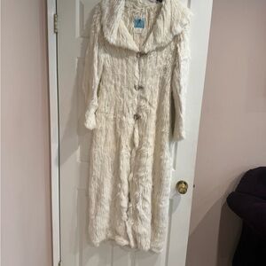 Marciano Cream rabbit  Fur Coat with Gold Chain Tag jeweled hook an eye